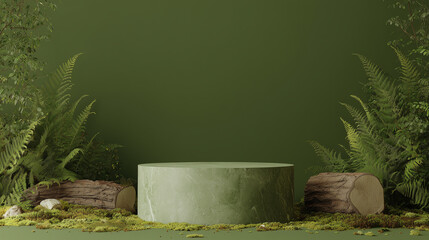 Nature inspired podium in a green fern garden with moss, logs and soft daylight