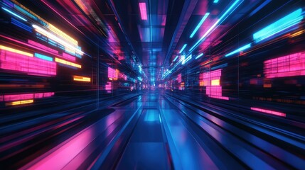 Abstract tunnel featuring rapidly flowing neon lights and geometric patterns creating a sense of speed, technology, and futuristic digital data transmission