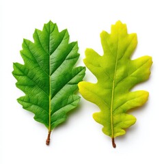 Colorful Oak Leaves, One Green and One Yellow, Isolated on White