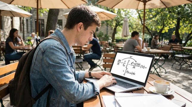Young man diligently working on complex mathematical equations outdoors at a cafe table - Powered by Adobe