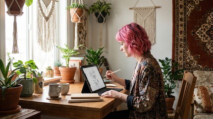 Pink-haired artist draws floral design on digital tablet surrounded by many houseplants