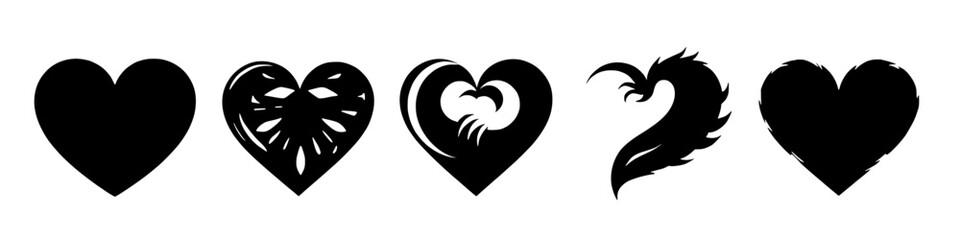 Black Heart Silhouette Set, Decorative Love Symbols and Abstract Heart Icons
