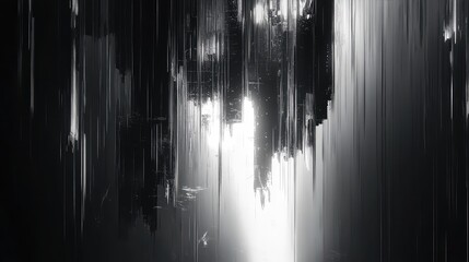 Monochrome pixel sorting glitch background with flowing light and fragmented data lines, evoking tech, cyber disruption, and futuristic electronic interference for modern design