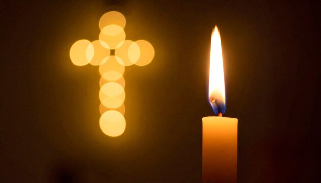 Lit candle beside glowing cross of light | Christian faith, prayer and spiritual hope