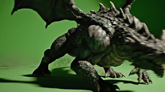 Fierce dragon creature with sharp claws and wings on green background
