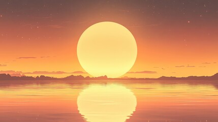 Obraz premium Large glowing spherical sun creating a warm vibrant reflection on the calm water surface with a distant mountain range and a starry orange sky, evoking a serene and otherworldly atmospheric scene