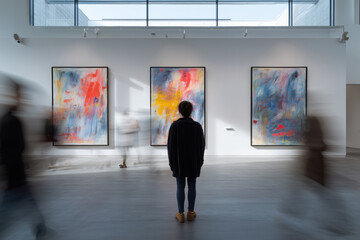 Obraz premium Young adult woman standing in modern art gallery observing colorful abstract paintings on wall while blurred figures of people walking past in background