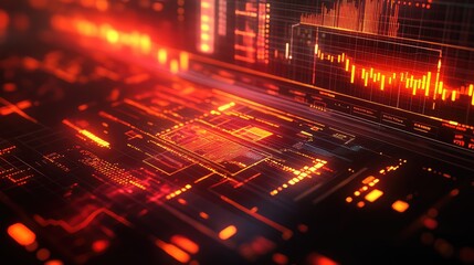 Digital interface presenting abstract financial data, stock market graphs, and technical readouts, representing concepts of technology, finance, and futuristic analytics