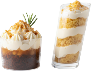 Delicious dessert featuring creamy whipped topping chocolate layers and crumbled cookies served in a glass cup alongside a layered cake parfait in a tall glass