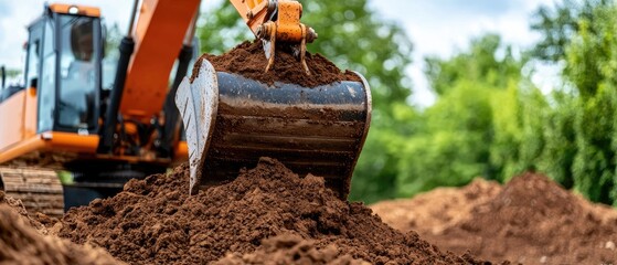Fototapeta premium Close-up view of an excavator bucket digging through soil at a busy construction site under a blue sky with trees in the background