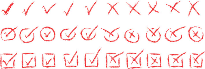  hand drawn Check marks doodle set with art brush. Vote, yes, no, checkbox, checklist, 