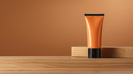 Orange cosmetic tube on wooden podium with warm background, minimal product mockup for skincare, beauty branding, packaging design, and modern marketing presentation.