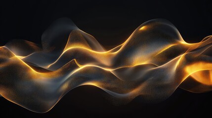 Flowing abstract wave of glowing golden particles creating a dynamic digital network, representing concepts of data, technology, sound, and energy on a dark background