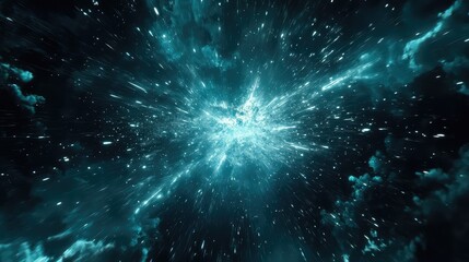 Abstract cosmic light burst with streaking energy and nebulous clouds racing through dark starry space, evoking big bang, hyperspace travel and dynamic expansion in teal blue tones