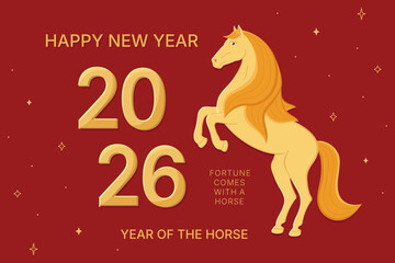 New year horse 2026 on red background. Chinese New Year illustration. Symbol of the year. Lunar new year of the horse. Design for background, card, calendar, sticker