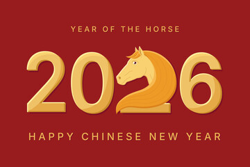 Happy 2026 year of the horse background. New year background in red and golden tones. Festive cute illustration. Horses head with mane on red background. Happy year of the horse