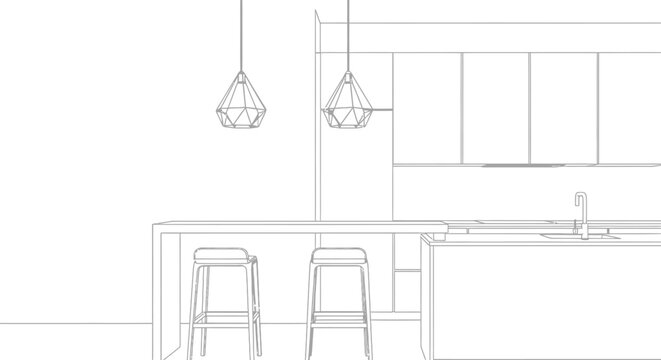 Minimalist black and white line art drawing of a modern kitchen island with bar stools and geometric pendant lights