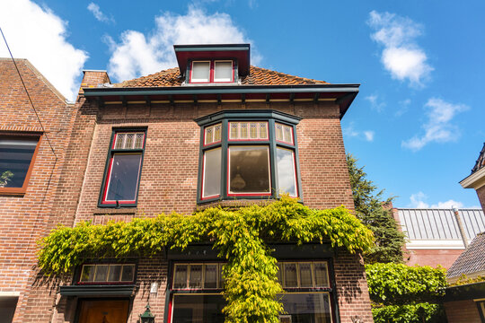 View of a brick building facade with a red roof and flourishing green vines under a brilliant blue sky, Noordwijk, South Holland, Netherlands.