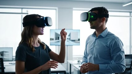 Business colleagues using VR headsets in modern office, exploring virtual reality - Powered by Adobe