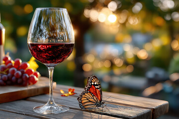 Glass of red wine and butterfly on wooden table outdoors