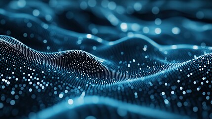 Digital particles forming an undulating blue wave, representing the seamless flow of information, connected networks, and the complex structure of big data in a futuristic technological landscape