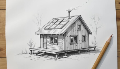 Eco-style pencil sketch of a tiny house with a solar roof