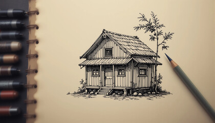 Eco-style sketch of a miniature bamboo panel house with textured shading