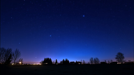 Enchanting Starry Night Sky Over Misty Rural Village with Wooden Houses and Trees