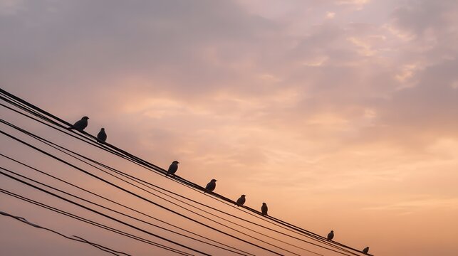 Silhouettes of birds perched on power lines against a pastel sunset sky - Powered by Adobe