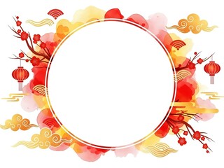 Asian-inspired circular frame with red lanterns, golden clouds, cherry blossoms and traditional ornaments on white background for festive design projects.