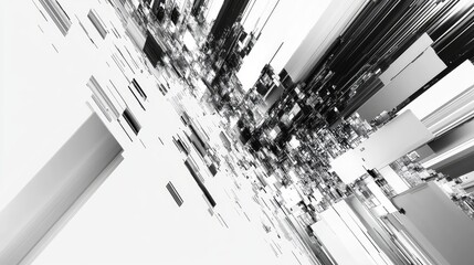 Monochrome digital architecture of interconnected data blocks and lines forming a complex network, evoking ai, global communication, urban connectivity and futuristic cyberspace systems