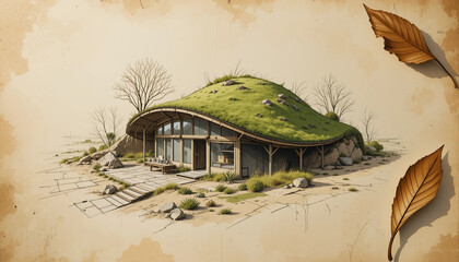 Eco-futuristic hybrid sketch of a sunken shelter house with a curved green roof
