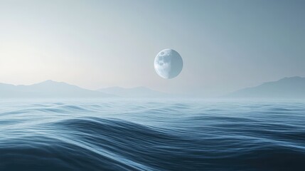Full moon illuminating a serene seascape with gentle rippling waves and distant mountain silhouettes under a clear, tranquil sky, creating a peaceful and ethereal atmosphere