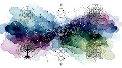 Mystical watercolor background with sacred geometry symbols, tree of life, and cosmic elements for spiritual design projects.