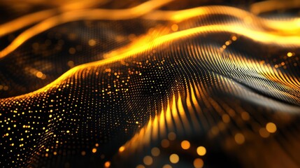 Abstract technology visualization showing glowing golden particles arranged in a dynamic wave pattern, representing data flow, energy, innovation, and digital advancements in a modern context