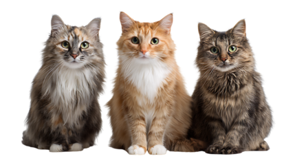 Three fluffy domestic longhaired cats sitting side by side isolated on transparent background