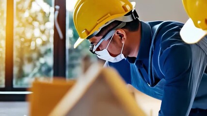 A small wooden model of a house on a table symbolises dreams of construction, ideal for creating an atmospheric backdrop for real estate presentations or architectural projects.
