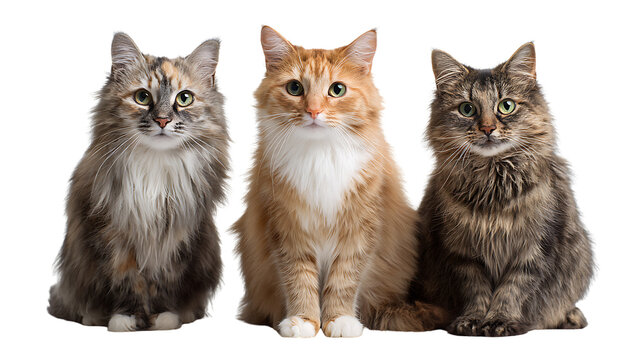 Three fluffy domestic longhaired cats sitting side by side isolated on transparent background