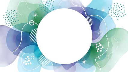 Abstract fluid shapes in soft pastel colors with white circle frame for text overlay. Modern geometric design with dots and sparkles for branding materials.