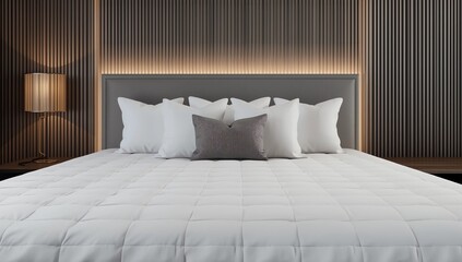 Bed maid-up with clean white pillows and bed sheets in beauty room. Close-up. Lens flair in sunlight