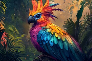 Obraz premium Vibrant exotic bird with rainbow plumage perched in lush tropical foliage colorful parrot rainbow feathers