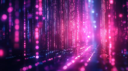 Abstract technology background showing bright glowing pink and blue lights forming a futuristic data stream or virtual tunnel, representing concepts of digital information, network, and connectivity