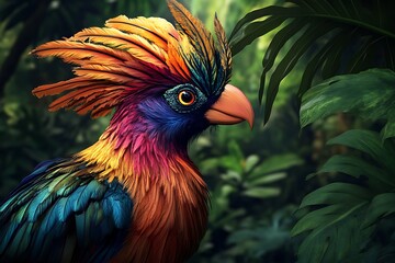 Vibrant tropical bird with multicolored plumage and elongated crest feathers in lush green foliage
