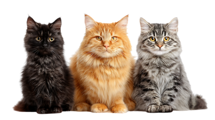 Three fluffy domestic cats of different colors sitting together isolated on transparent background