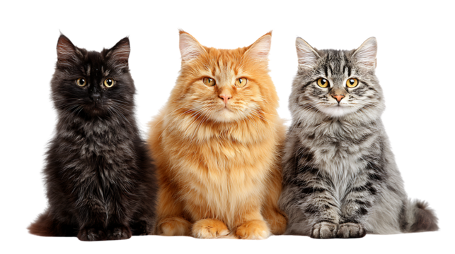 Three fluffy domestic cats of different colors sitting together isolated on transparent background - Powered by Adobe