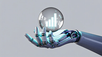 Futuristic robotic hand holding transparent sphere with ascending bar graph symbolizing AI and data analytics