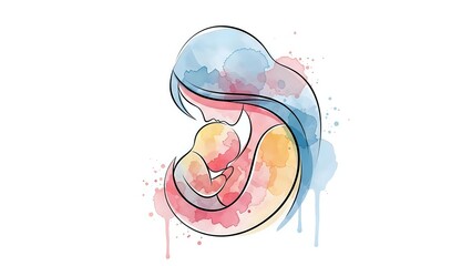 Mother holding newborn baby in tender embrace with soft watercolor splashes on white background for maternal health and parenting designs.