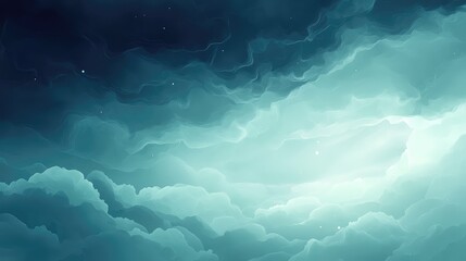 Obraz premium Abstract artwork depicting soft, flowing teal and blue cloud formations with glimmering light, creating a serene and expansive celestial atmosphere reminiscent of outer space