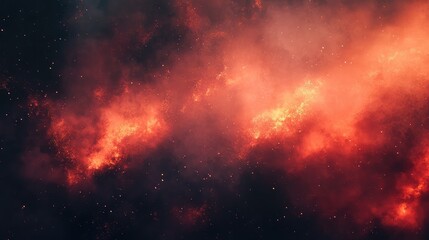 Obraz premium Abstract celestial body showing swirling fiery orange and red gas clouds with scattered glowing particles in deep space, representing vast cosmic energy