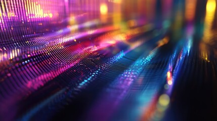 Abstract network grid with glowing lines and dots creating a vibrant technology background, representing data flow, information transfer, and digital connections in a futuristic cyberspace realm